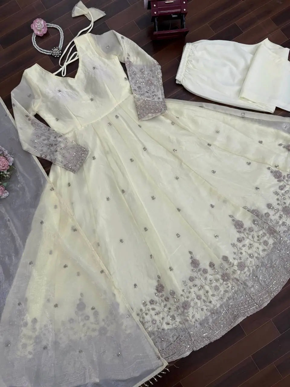 Embroidered Fandy Silk Gown Set with Dupatta and Pant