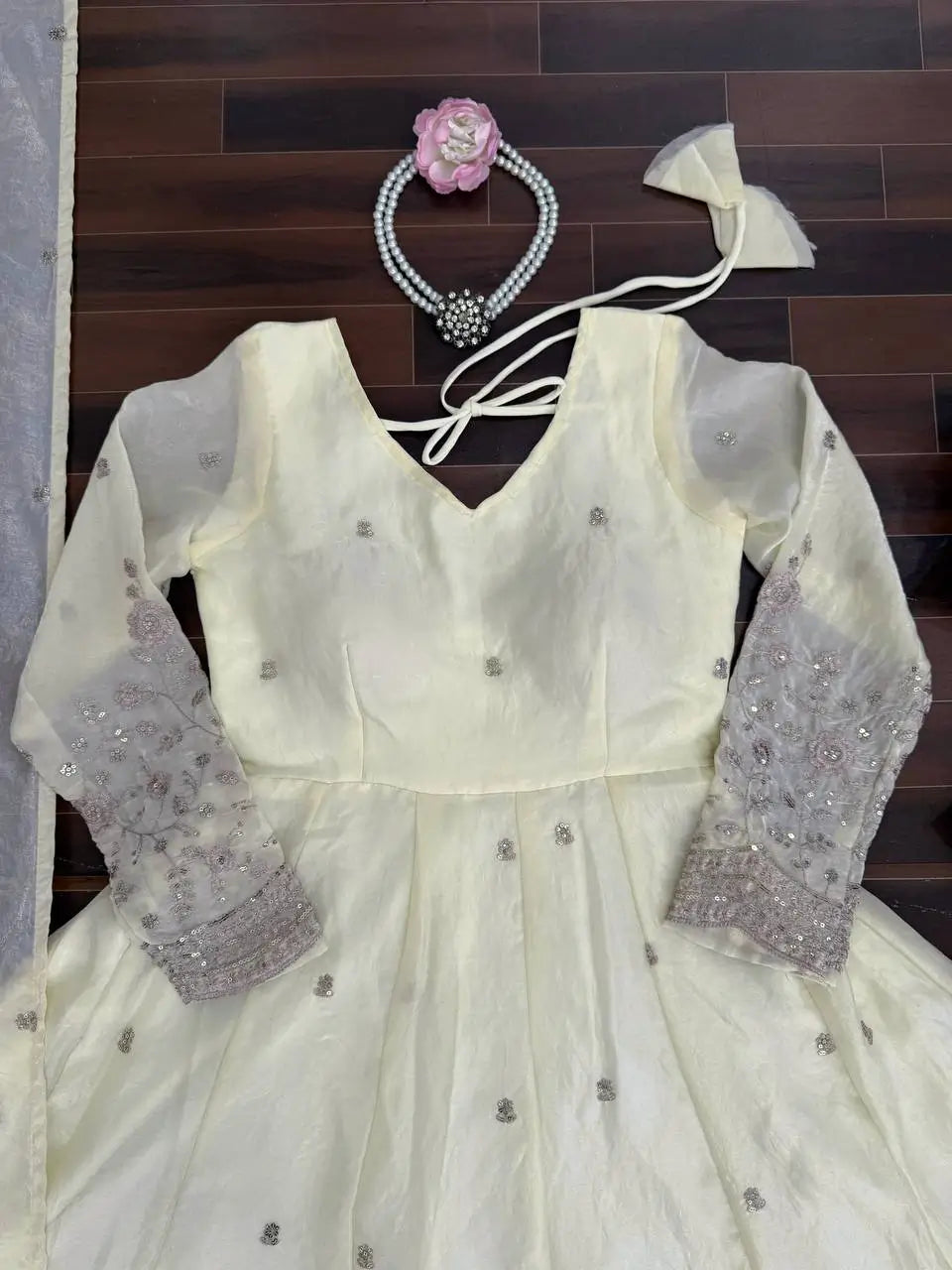 Embroidered Fandy Silk Gown Set with Dupatta and Pant