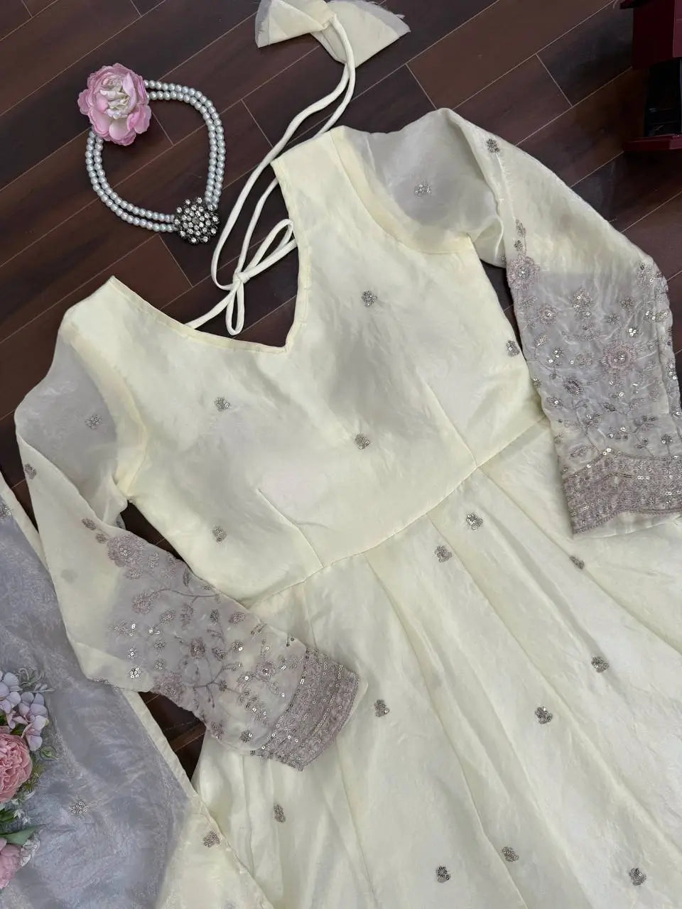 Embroidered Fandy Silk Gown Set with Dupatta and Pant