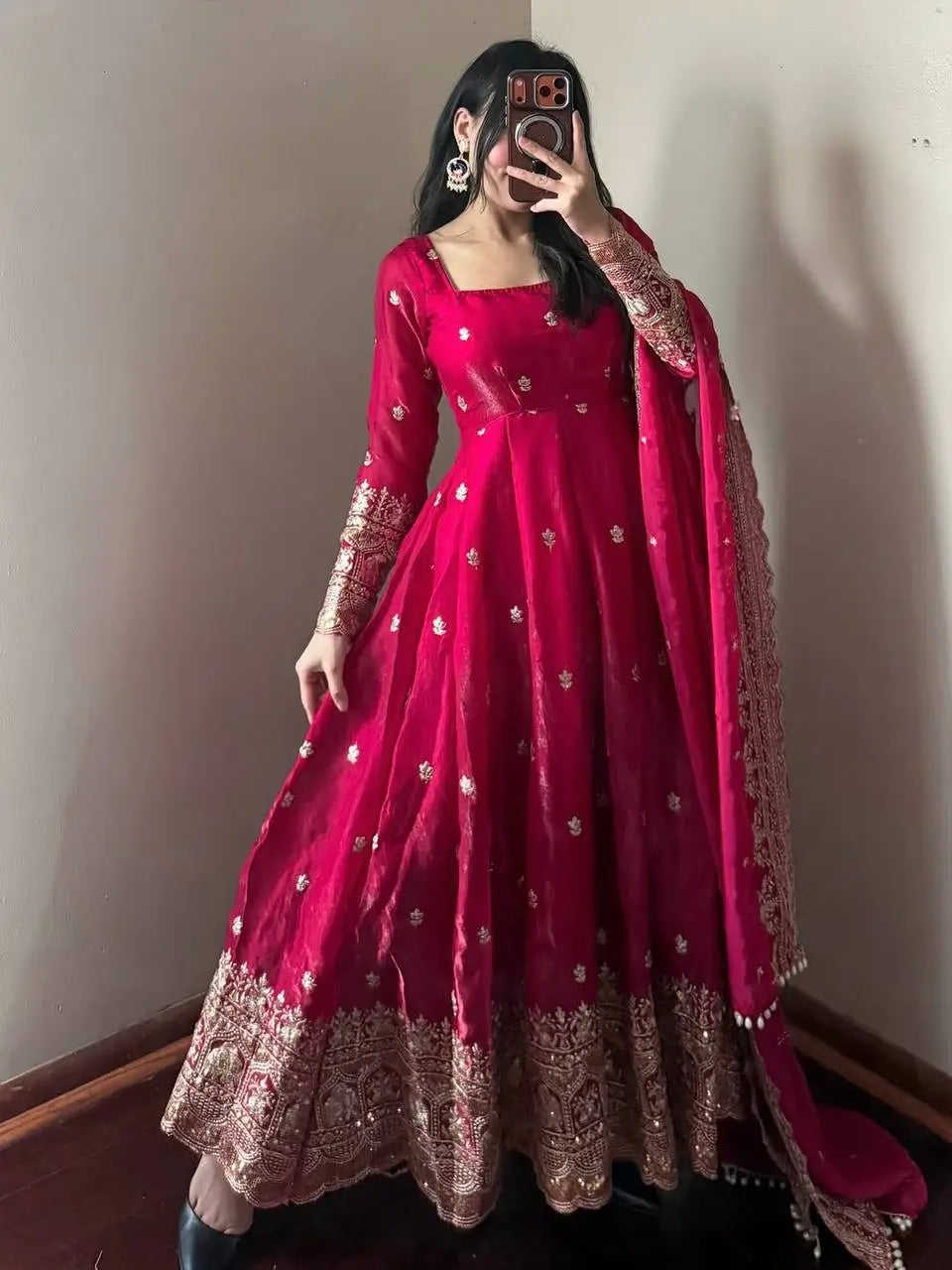 Embroidered Fandy Silk Gown Set with Dupatta and Pant