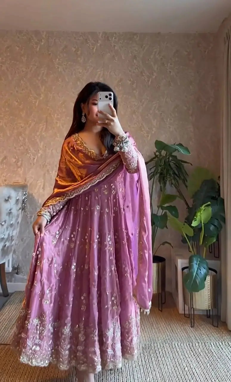 Embroidered Fandy Silk Gown Set with Dupatta and Pant
