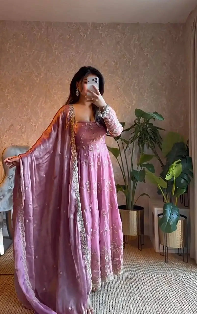 Embroidered Fandy Silk Gown Set with Dupatta and Pant