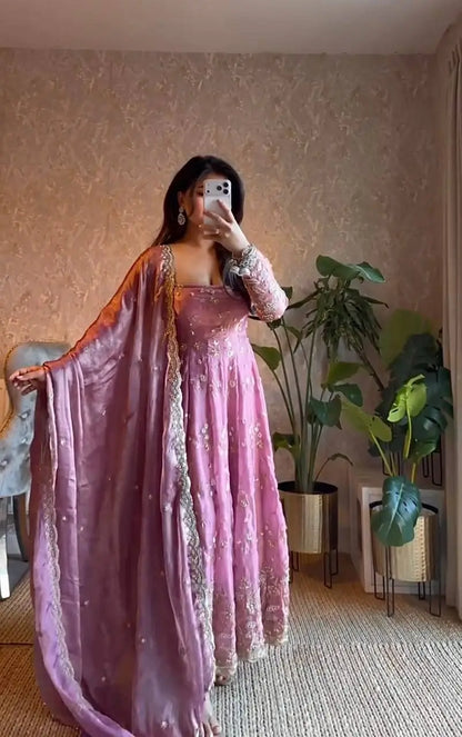 Embroidered Fandy Silk Gown Set with Dupatta and Pant