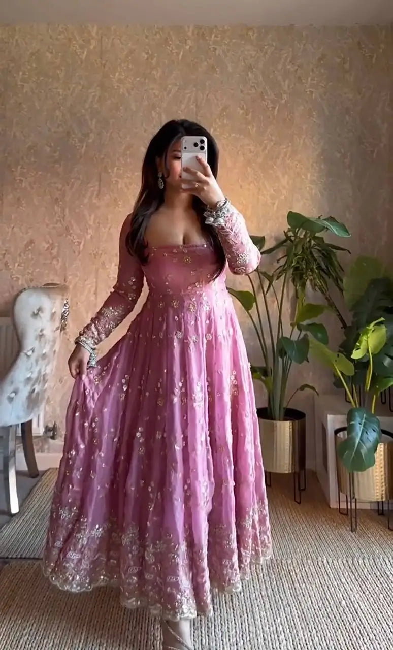 Embroidered Fandy Silk Gown Set with Dupatta and Pant