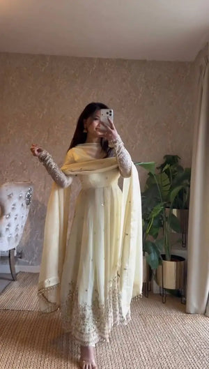 Embroidered Fandy Silk Gown Set with Dupatta and Pant