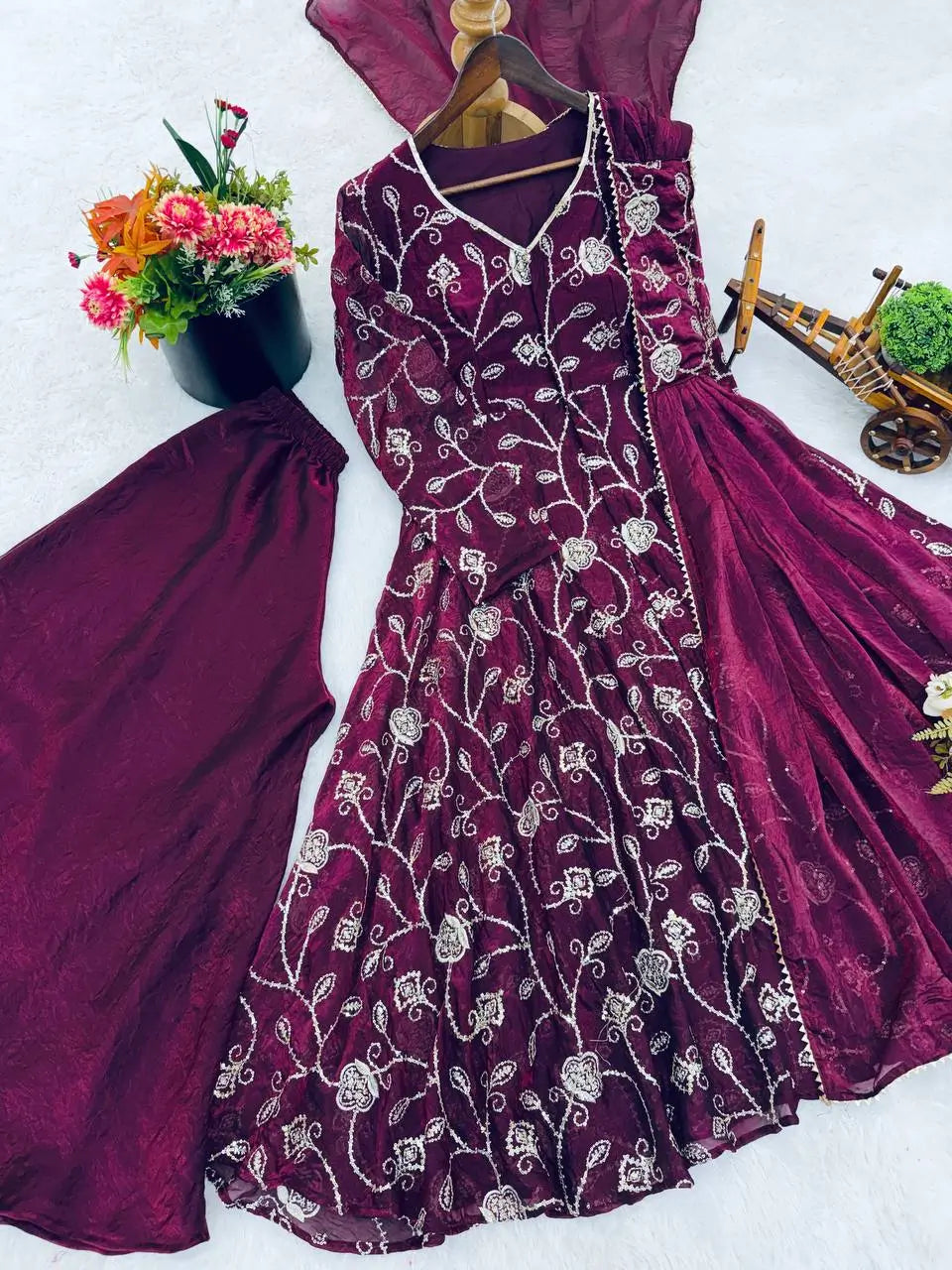 Embroidered Fandy Silk Kurti Sharara Set