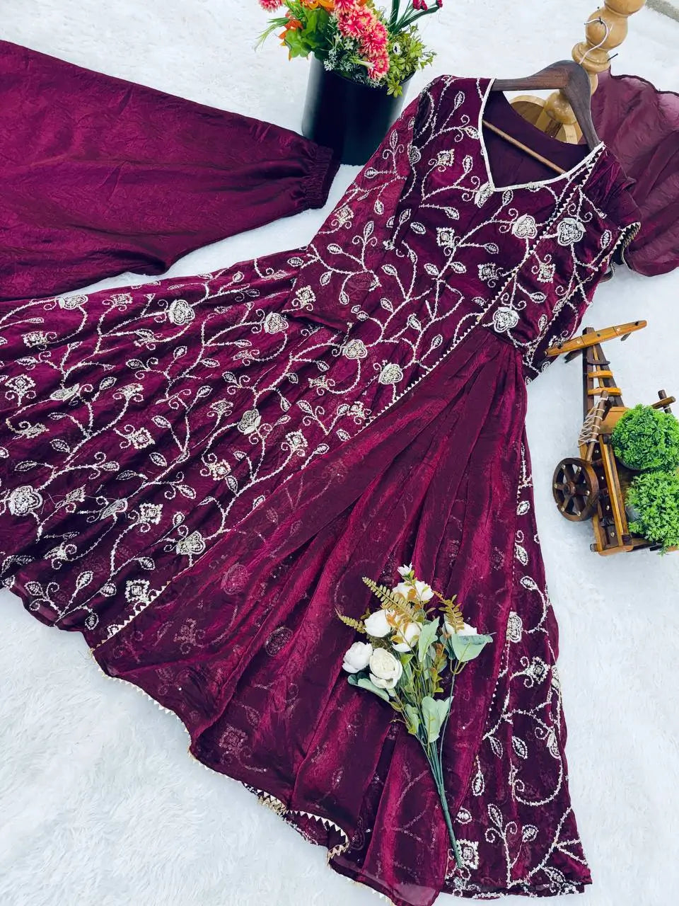 Embroidered Fandy Silk Kurti Sharara Set