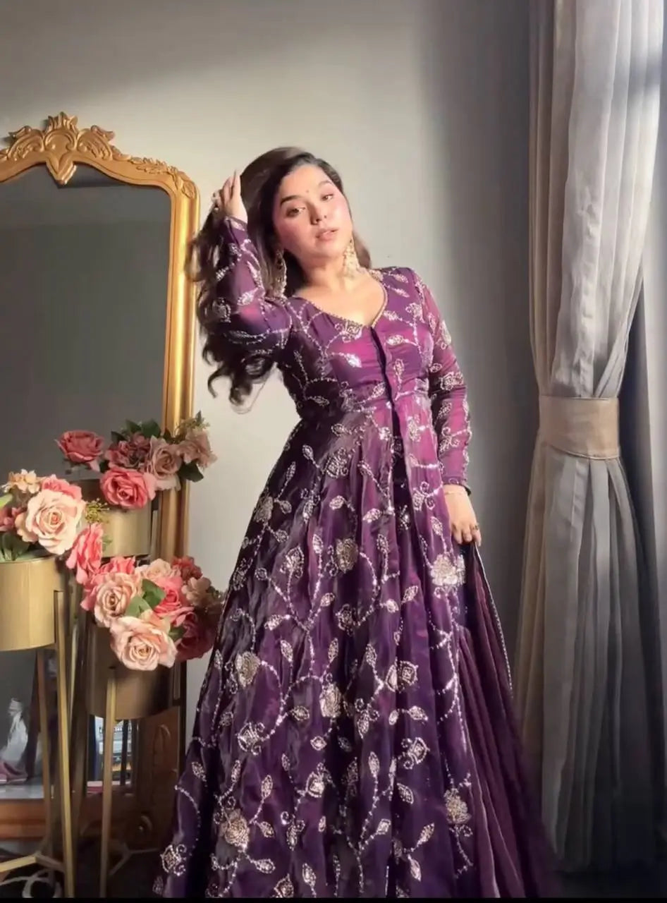 Embroidered Fandy Silk Kurti Sharara Set