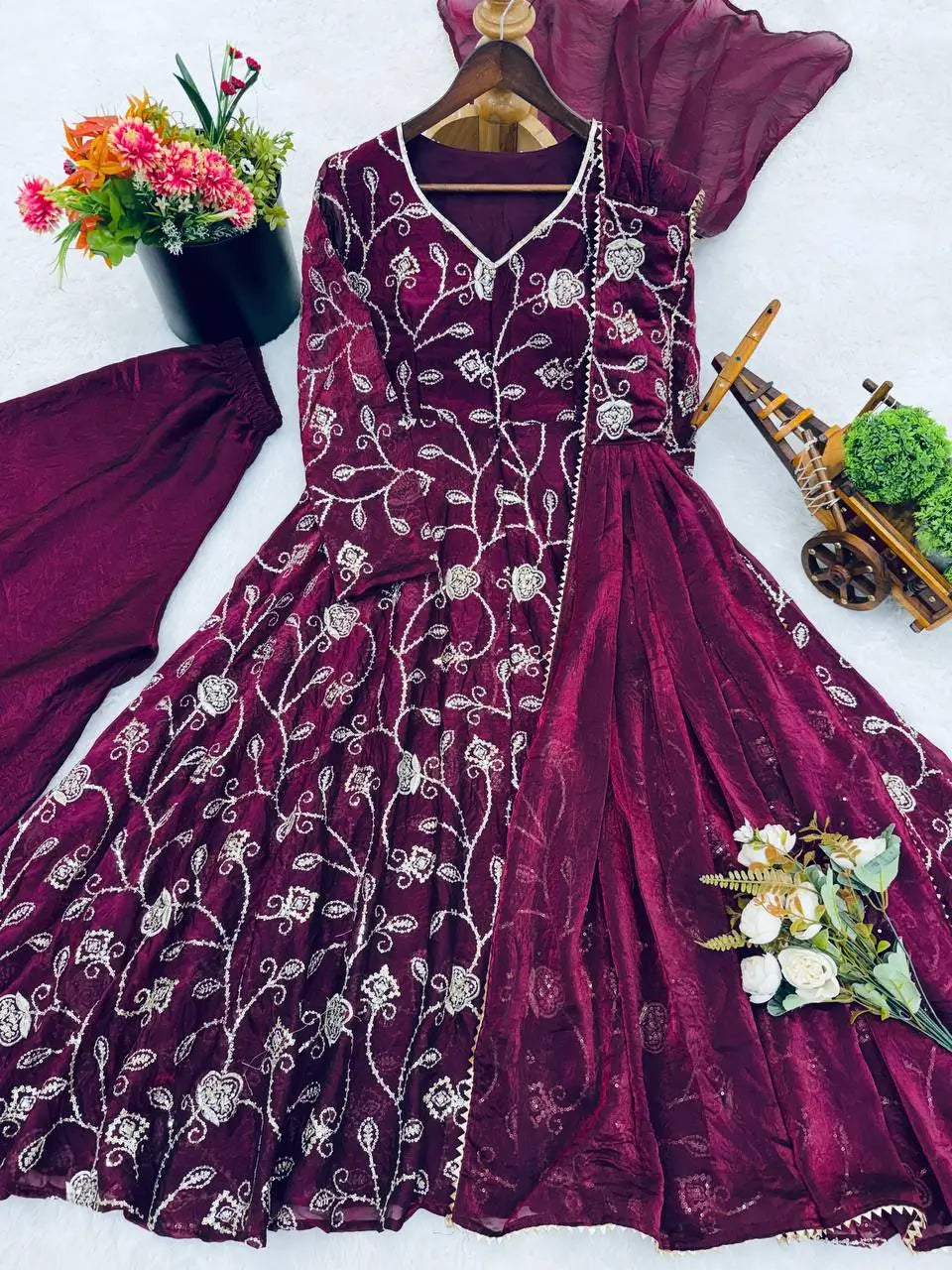 Embroidered Fandy Silk Kurti Sharara Set