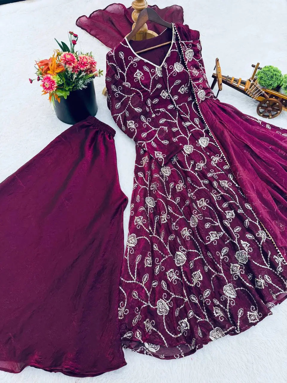 Embroidered Fandy Silk Kurti Sharara Set