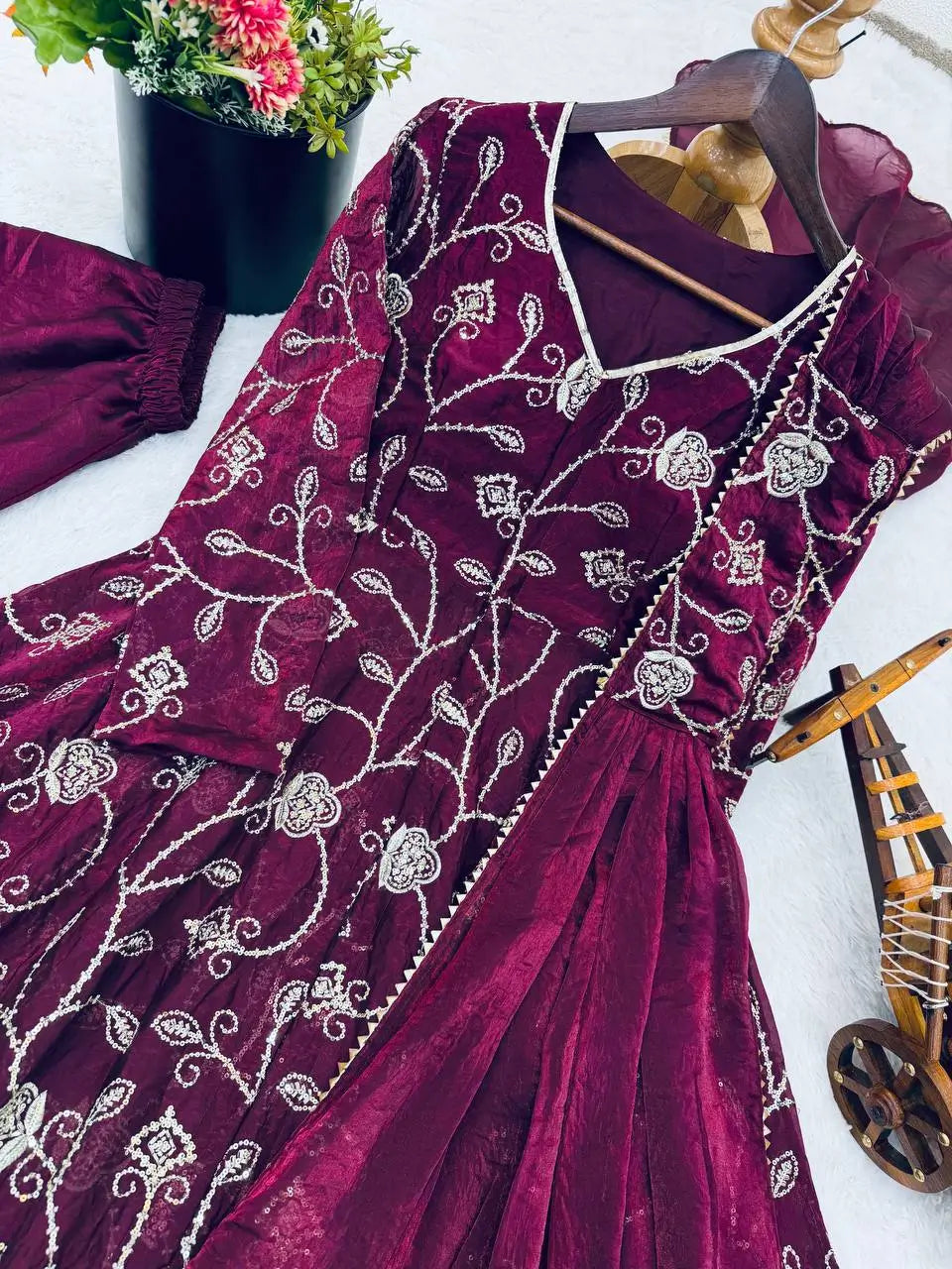 Embroidered Fandy Silk Kurti Sharara Set