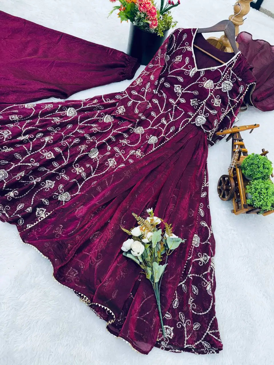 Embroidered Fandy Silk Kurti Sharara Set