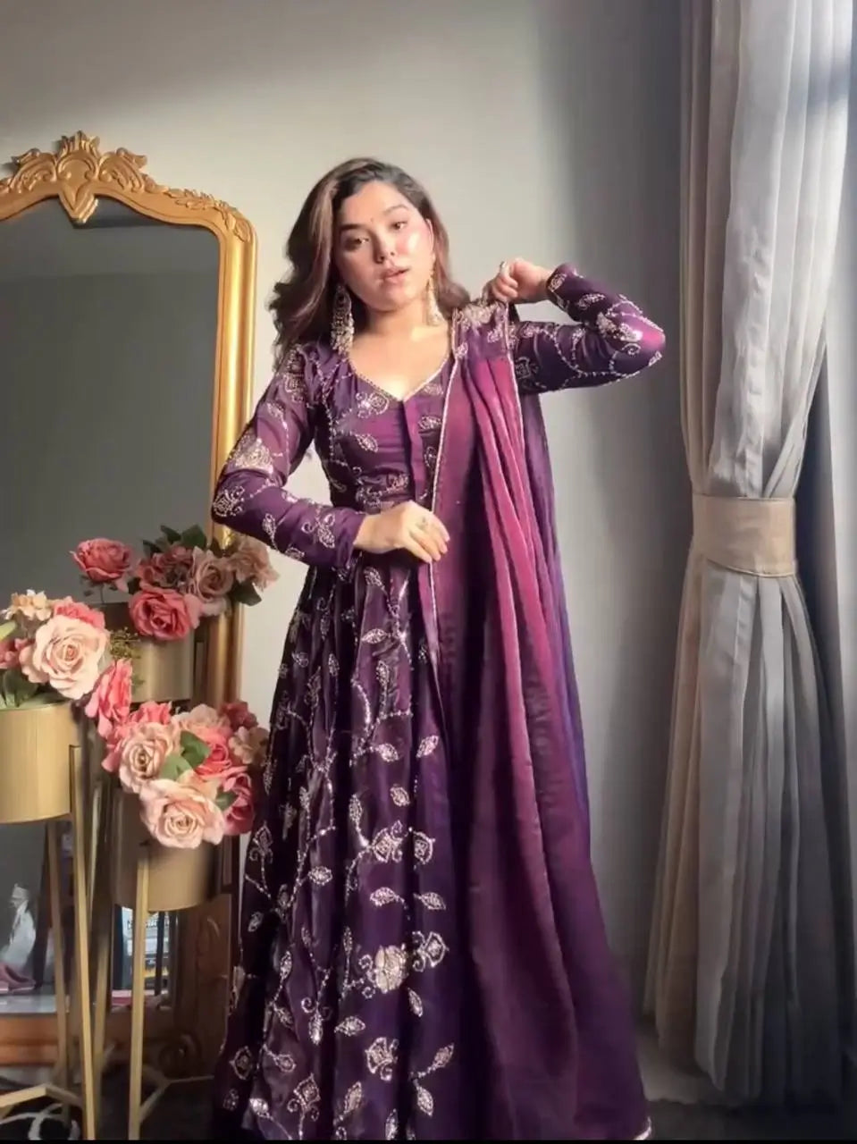Embroidered Fandy Silk Kurti Sharara Set