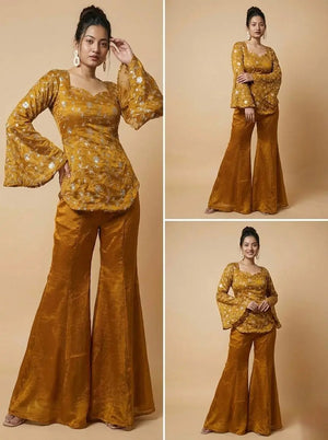 Embroidered Fandy Silk Top Palazzo Set