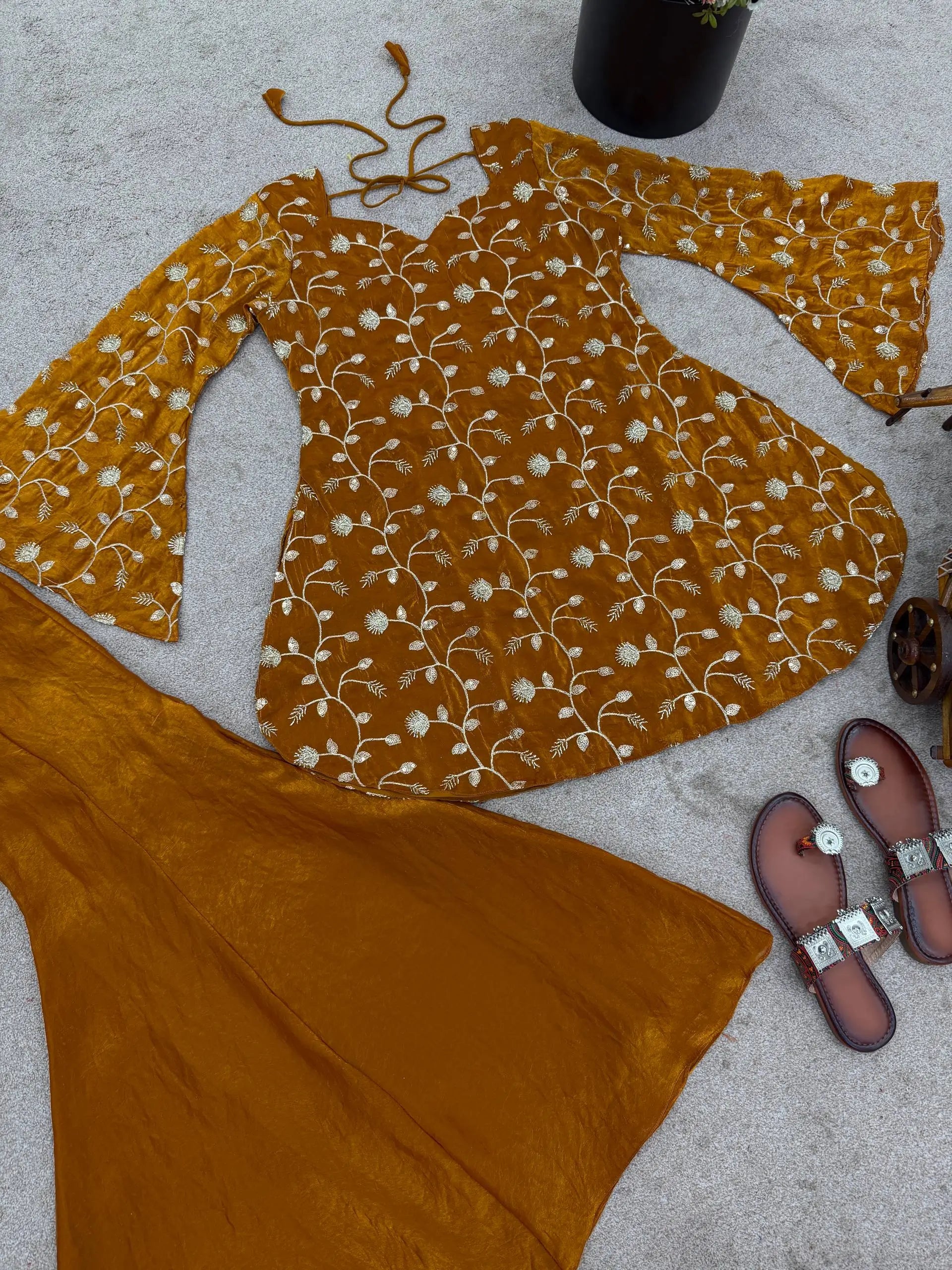 Embroidered Fandy Silk Top Palazzo Set