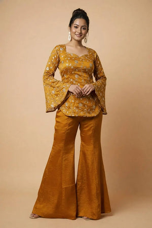 Embroidered Fandy Silk Top Palazzo Set