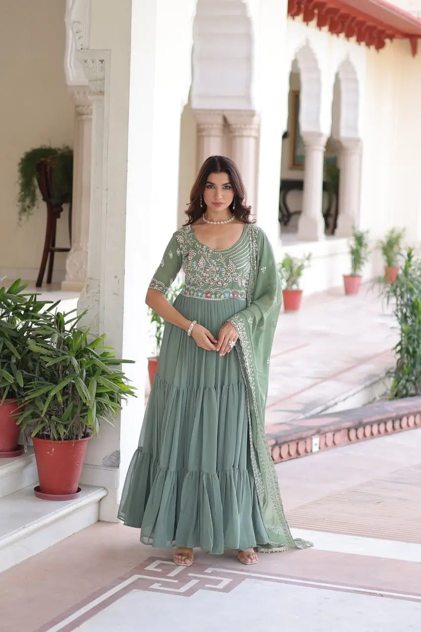 Embroidered Faux Blooming Anarkali Gown Set