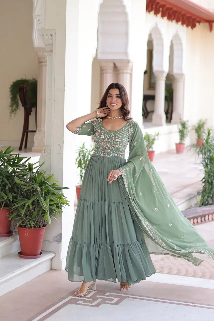 Embroidered Faux Blooming Anarkali Gown Set