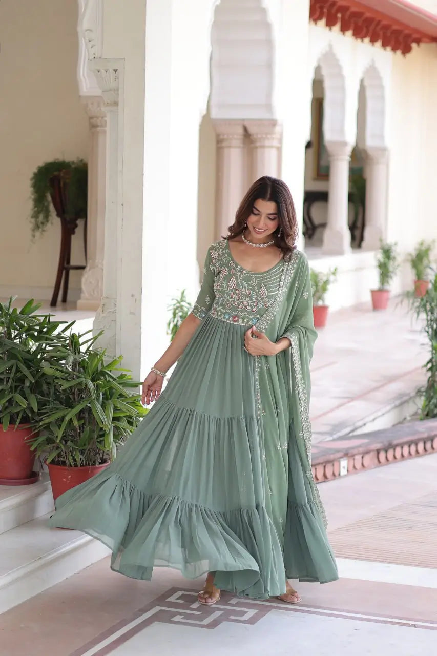 Embroidered Faux Blooming Anarkali Gown Set