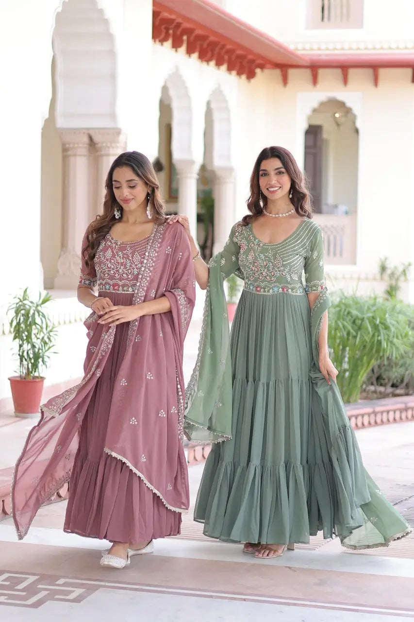 Embroidered Faux Blooming Anarkali Gown Set