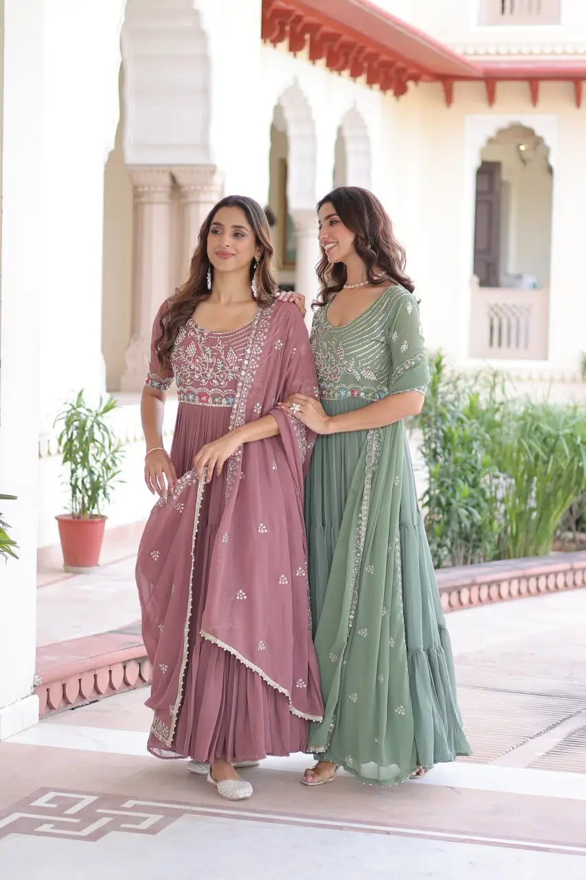 Embroidered Faux Blooming Anarkali Gown Set