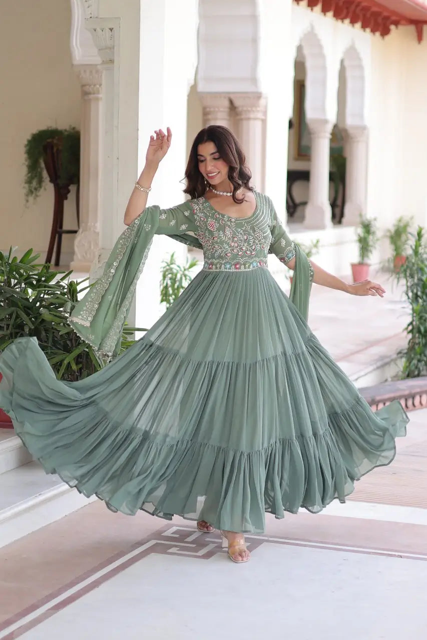 Embroidered Faux Blooming Anarkali Gown Set