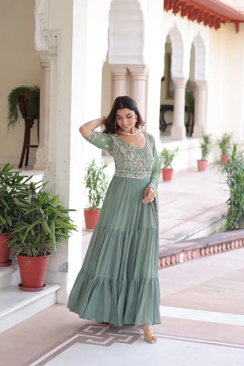 Embroidered Faux Blooming Anarkali Gown Set