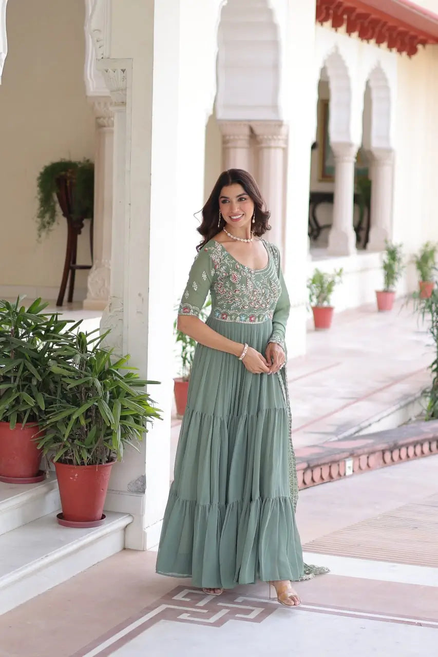Embroidered Faux Blooming Anarkali Gown Set