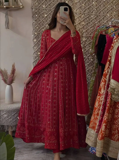 Embroidered Faux Blooming Gown Set with Dupatta