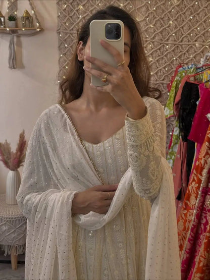 Embroidered Faux Blooming Gown Set with Dupatta