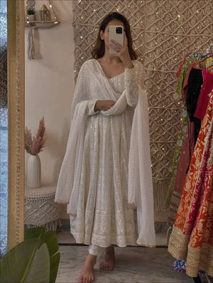 Embroidered Faux Blooming Gown Set with Dupatta