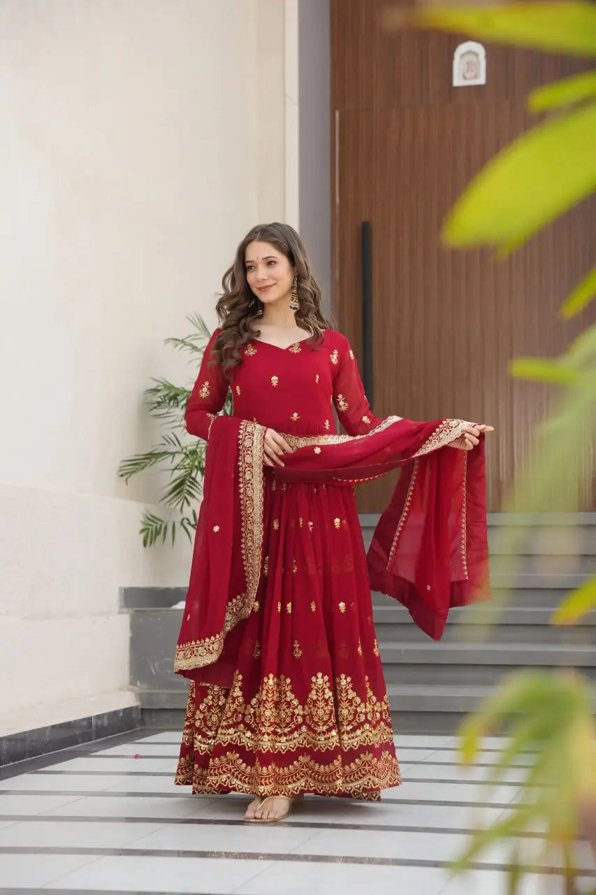 Embroidered Faux Blooming Gown with Dupatta