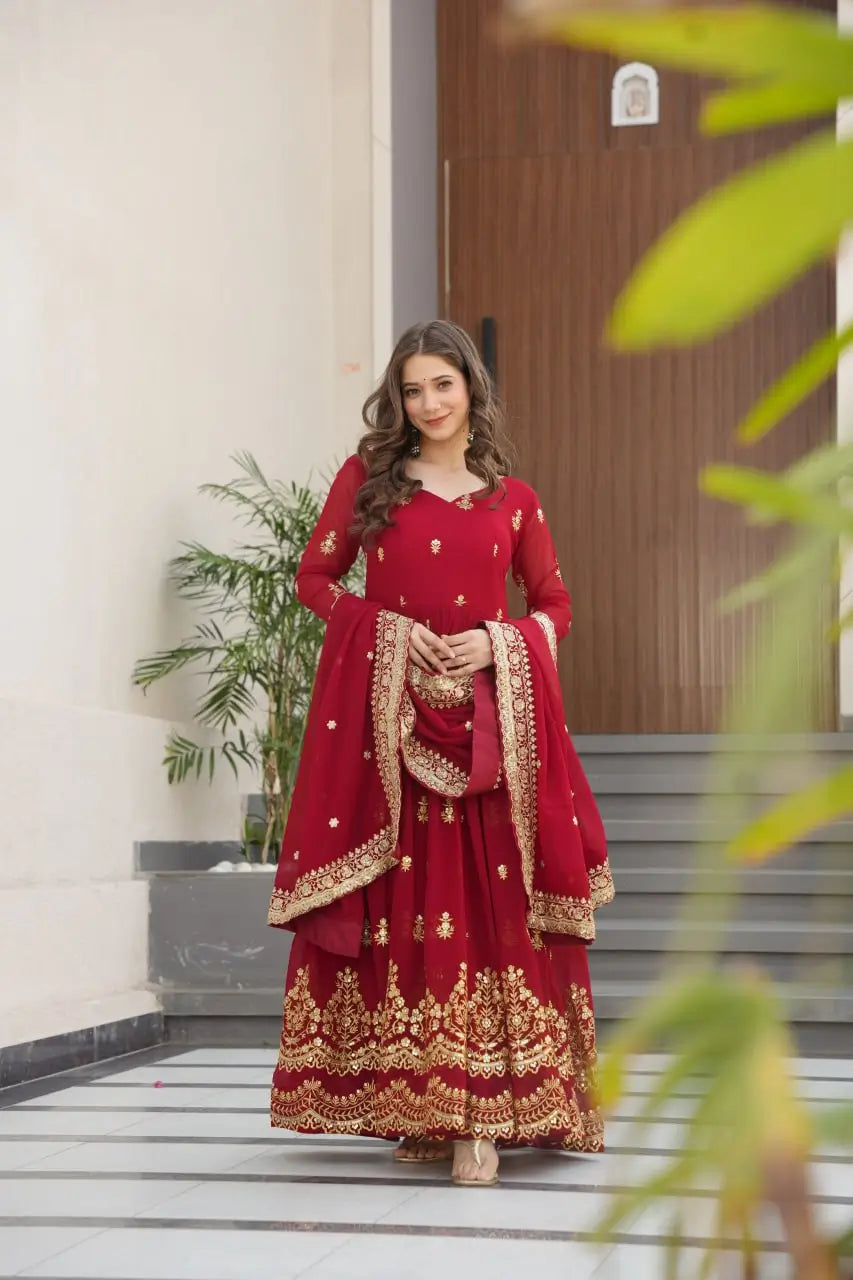Embroidered Faux Blooming Gown with Dupatta
