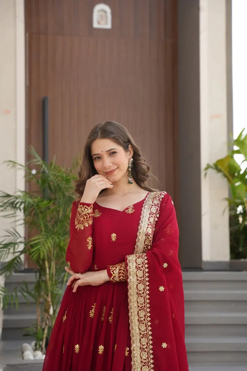 Embroidered Faux Blooming Gown with Dupatta