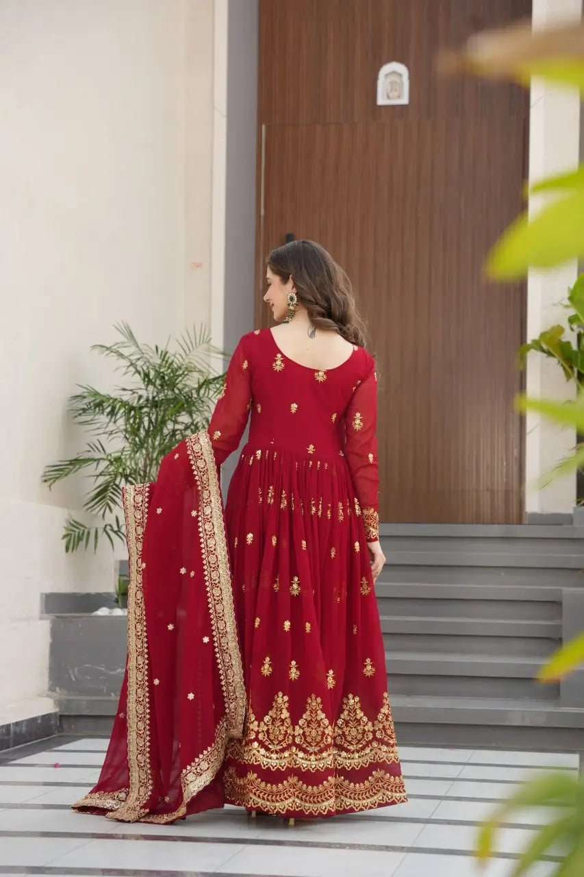 Embroidered Faux Blooming Gown with Dupatta