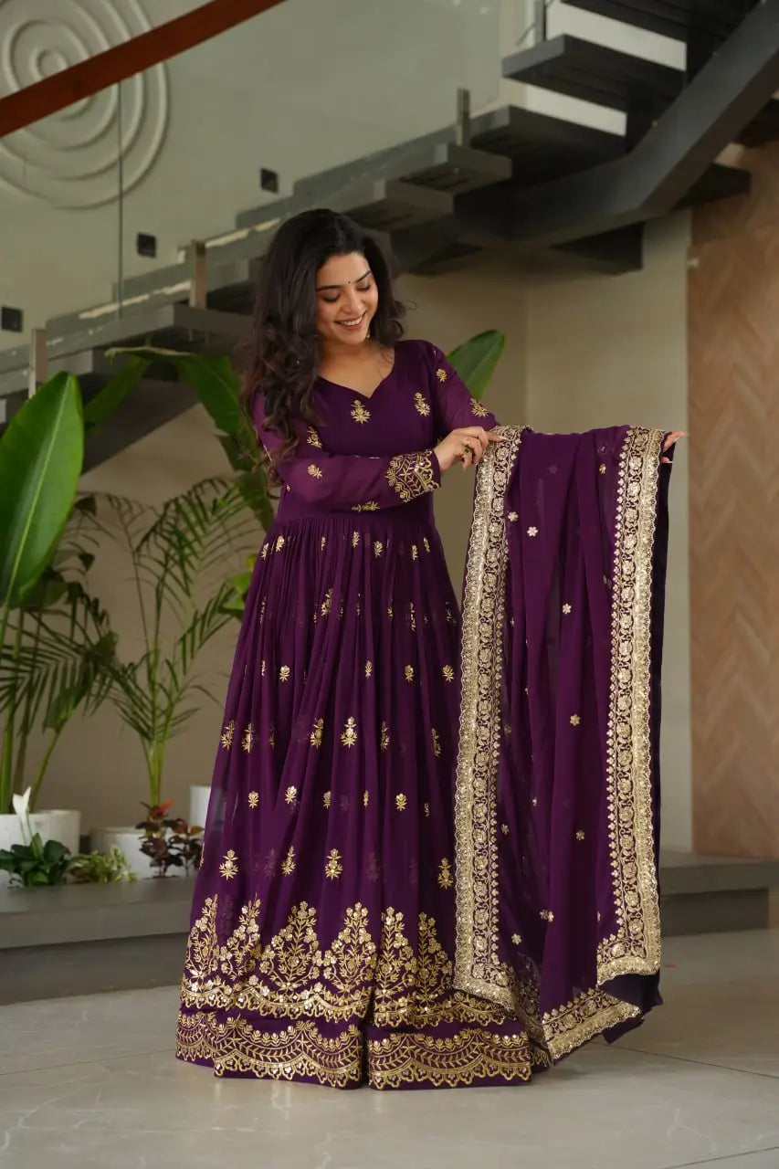 Embroidered Faux Blooming Gown with Dupatta