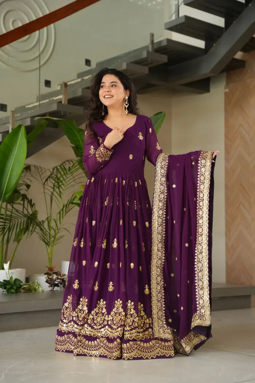 Embroidered Faux Blooming Gown with Dupatta