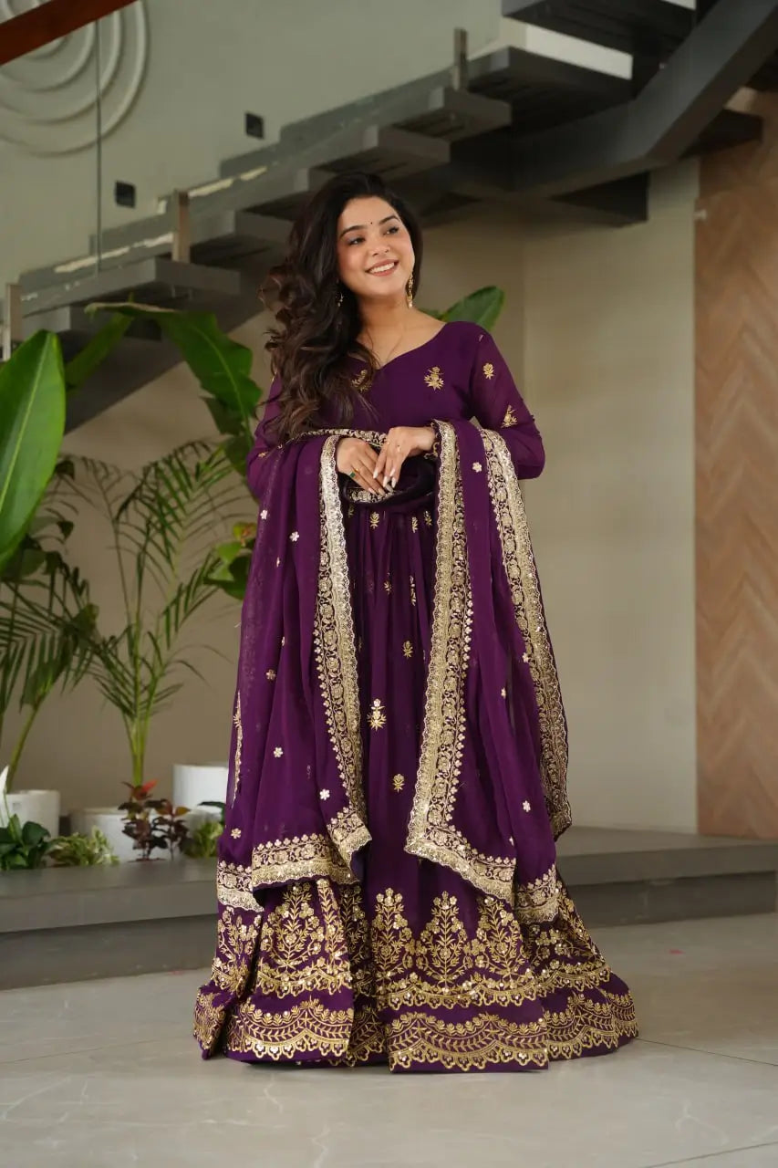 Embroidered Faux Blooming Gown with Dupatta