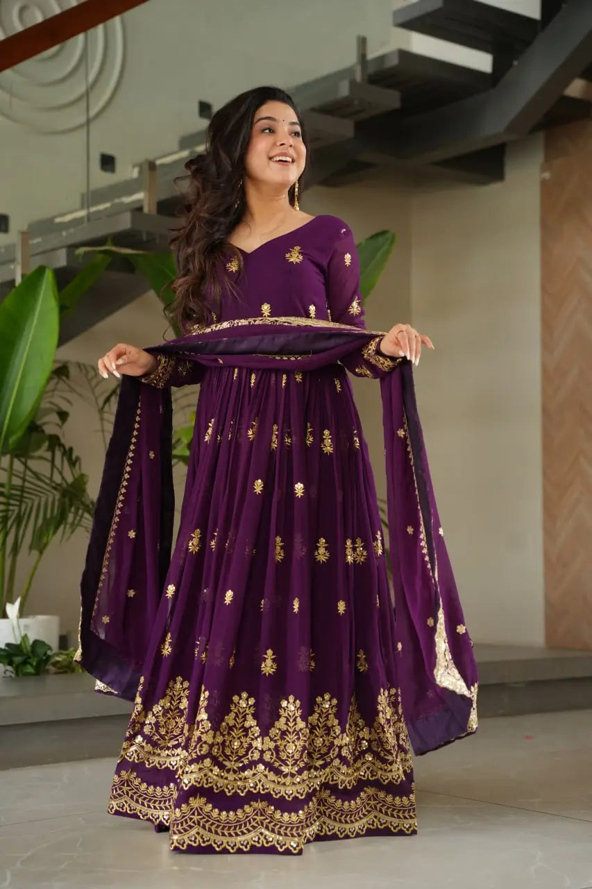 Embroidered Faux Blooming Gown with Dupatta