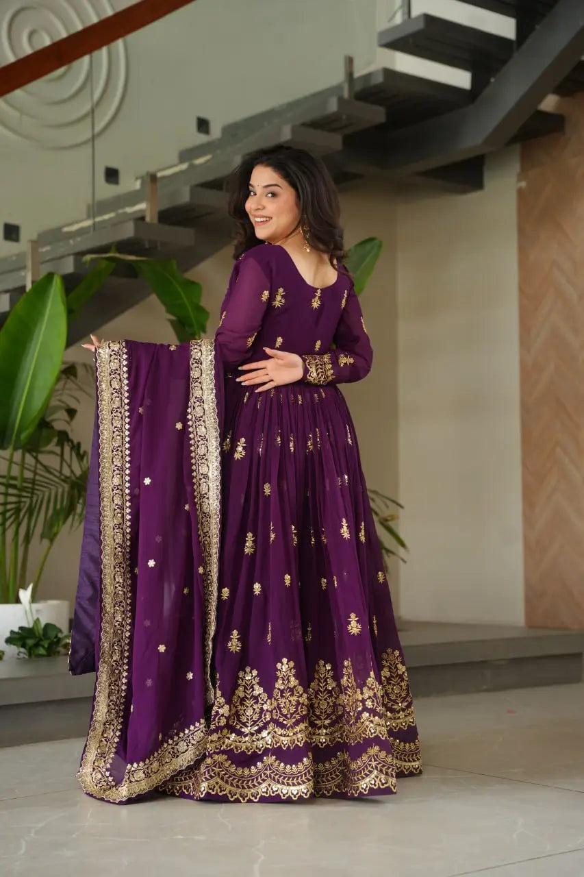 Embroidered Faux Blooming Gown with Dupatta
