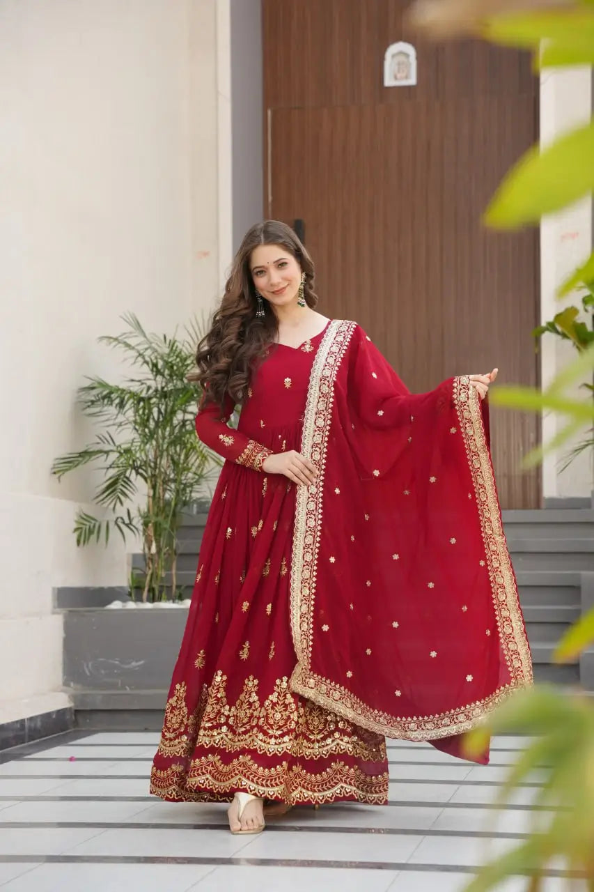Embroidered Faux Blooming Gown with Dupatta