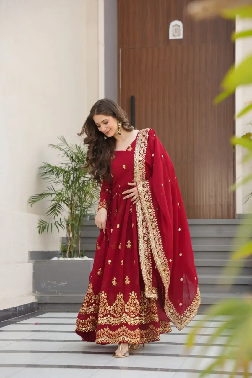 Embroidered Faux Blooming Gown with Dupatta