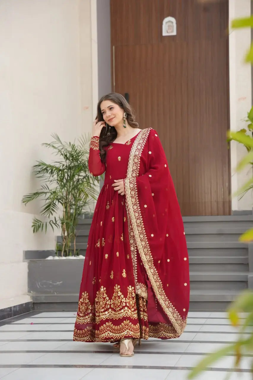 Embroidered Faux Blooming Gown with Dupatta