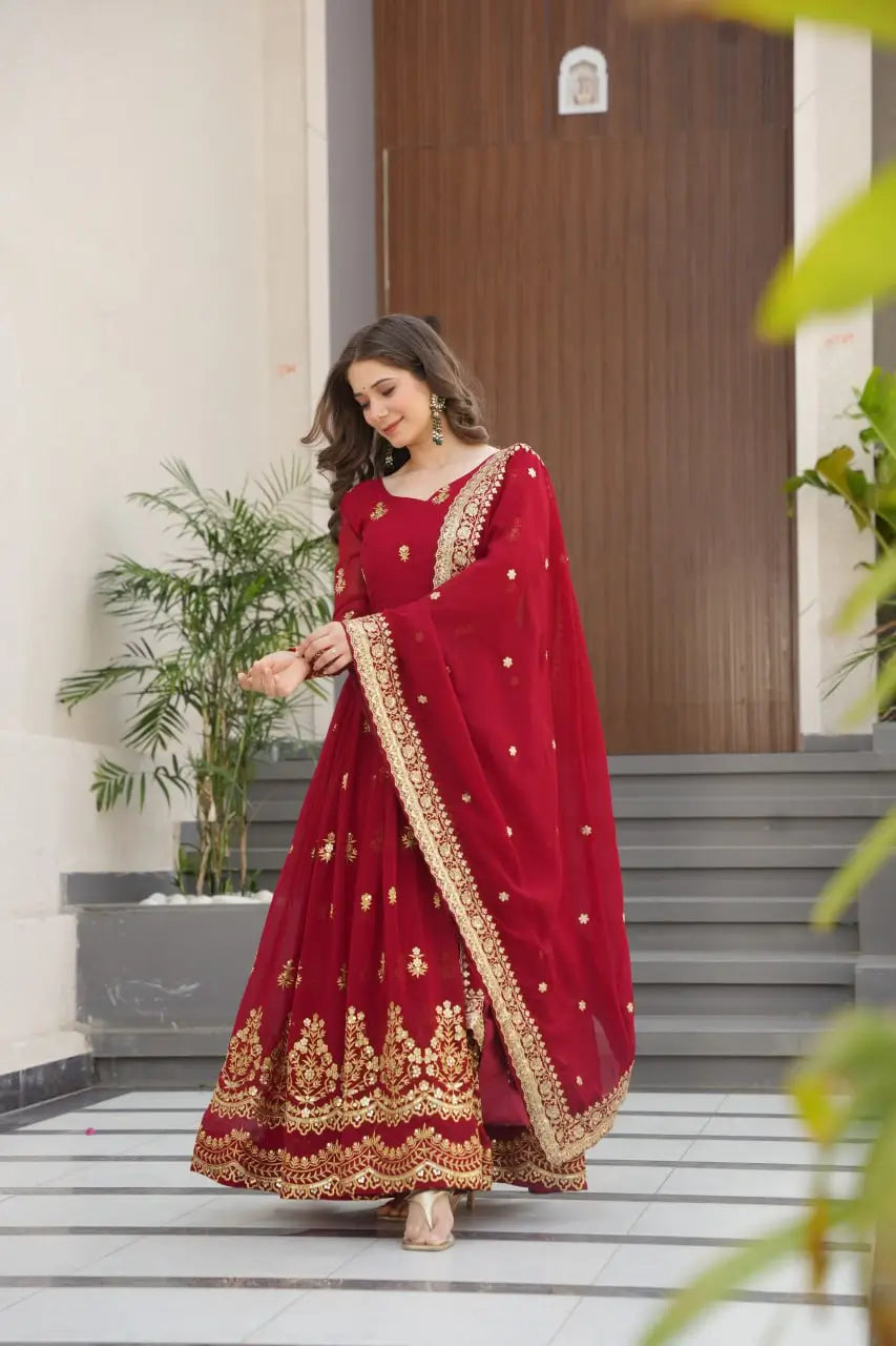 Embroidered Faux Blooming Gown with Dupatta
