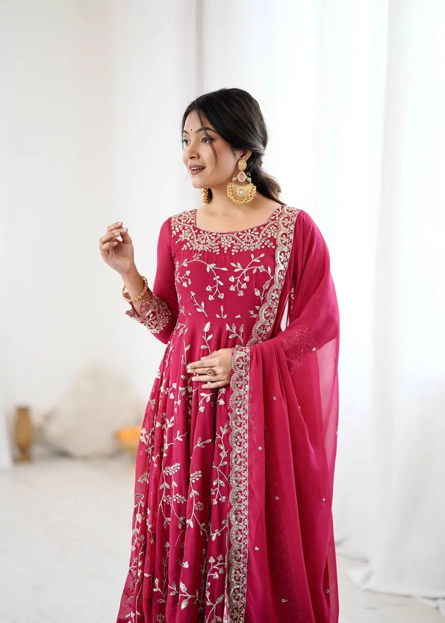 Embroidered Faux Georgette Anarkali Gown Set with Dupatta