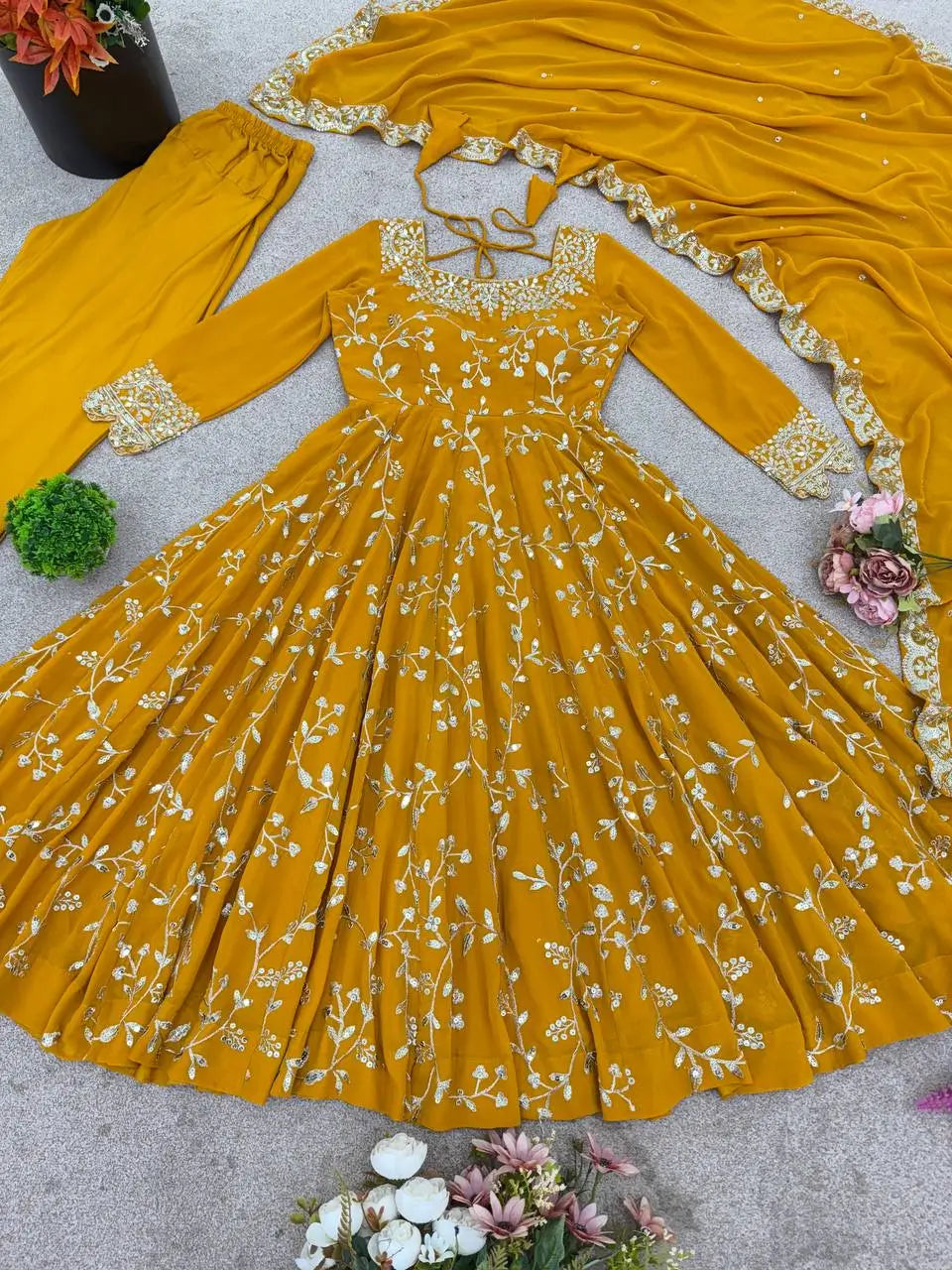 Embroidered Faux Georgette Anarkali Gown Set with Dupatta