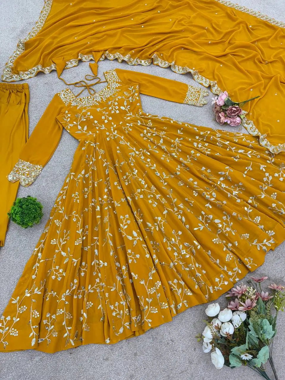 Embroidered Faux Georgette Anarkali Gown Set with Dupatta