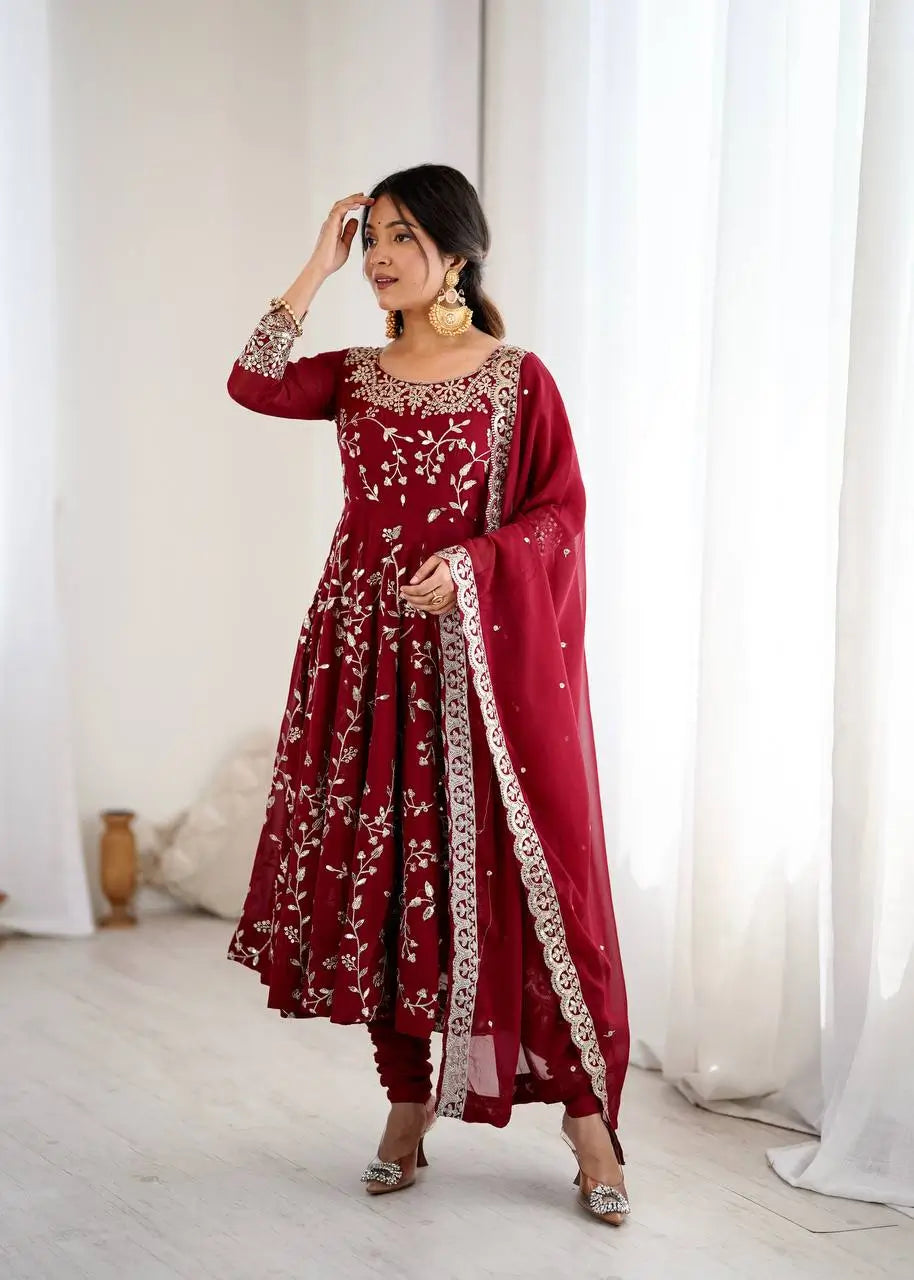 Embroidered Faux Georgette Anarkali Gown Set with Dupatta