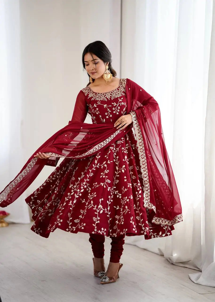 Embroidered Faux Georgette Anarkali Gown Set with Dupatta