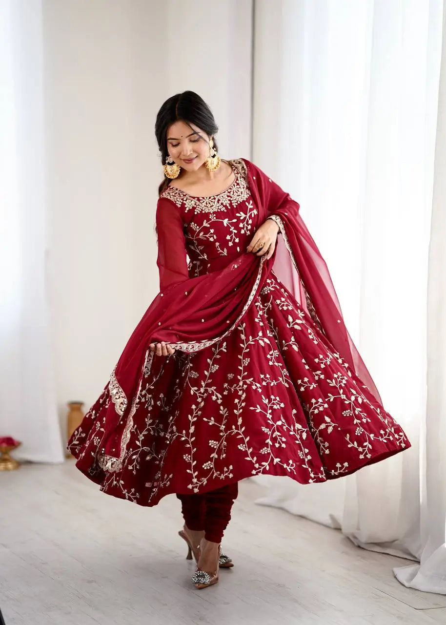 Embroidered Faux Georgette Anarkali Gown Set with Dupatta